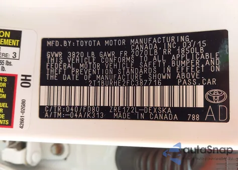 2015 Toyota Corolla S Plus from USA, damaged, VIN 2T1BURHE2FC387716
